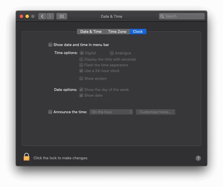 Date & Time settings in Mac System Preferences