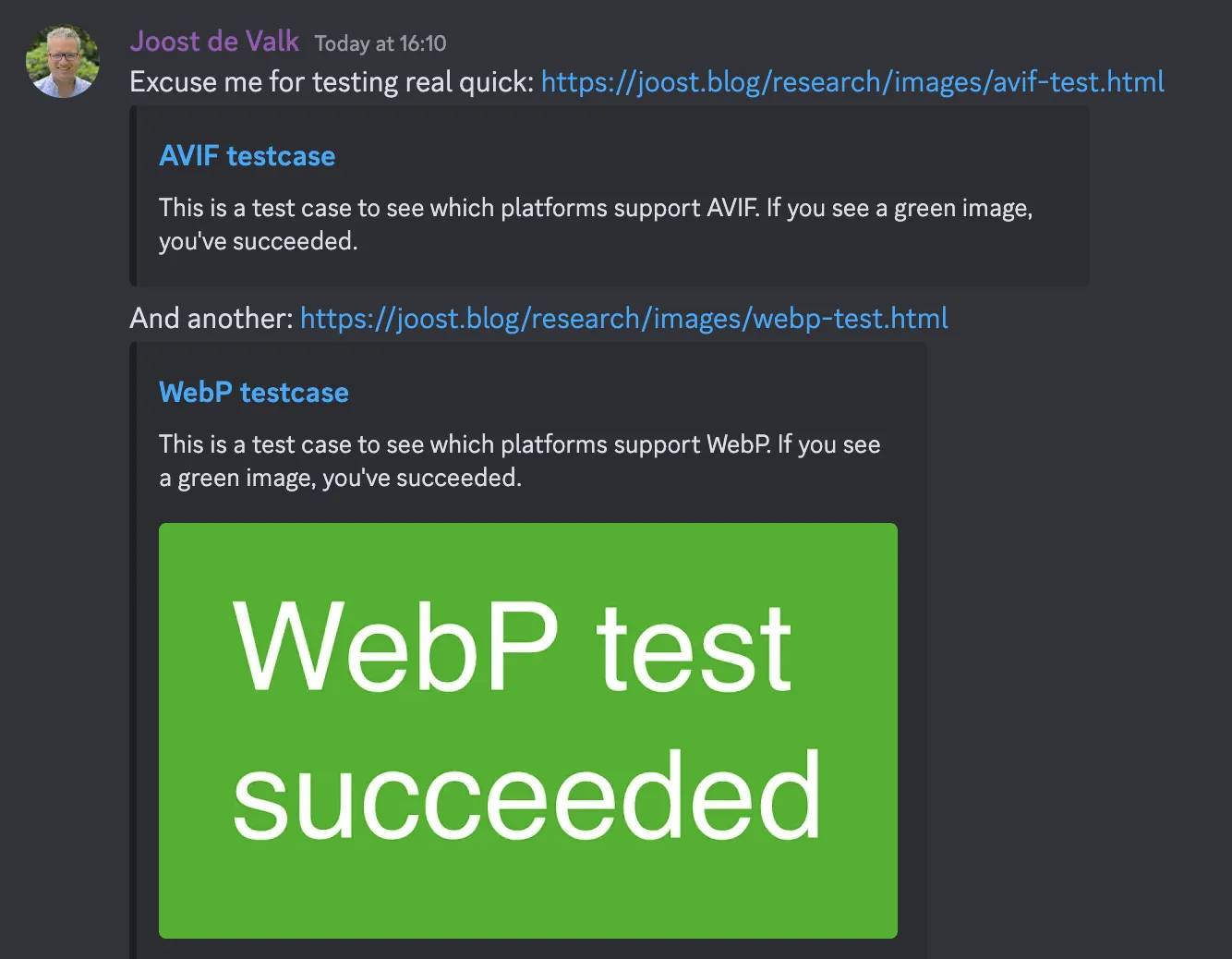 AVIF (negative) and WebP (positive) test results on Discord.