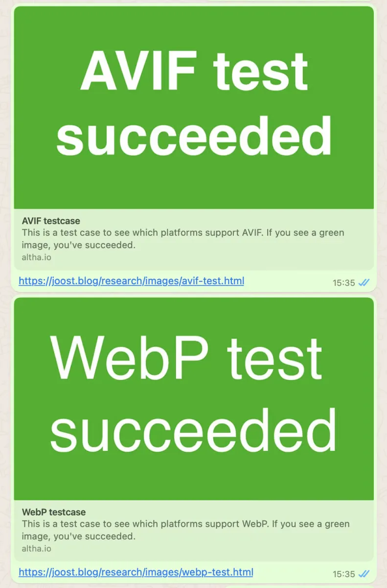 AVIF (positive) and WebP (positive) test results on WhatsApp.
